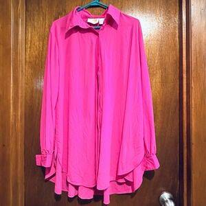 Vintage Gottex Sz Medium Hot Pink Chiffon Button Up Loose Swim Beach Cover Up